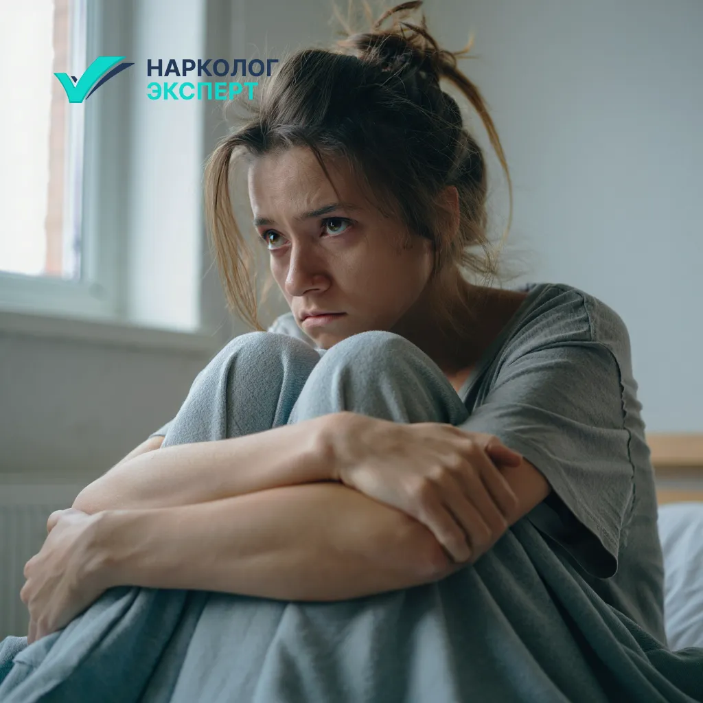 Молодая девушка в состоянии маниакально-депрессивного психоза сидит на кровати